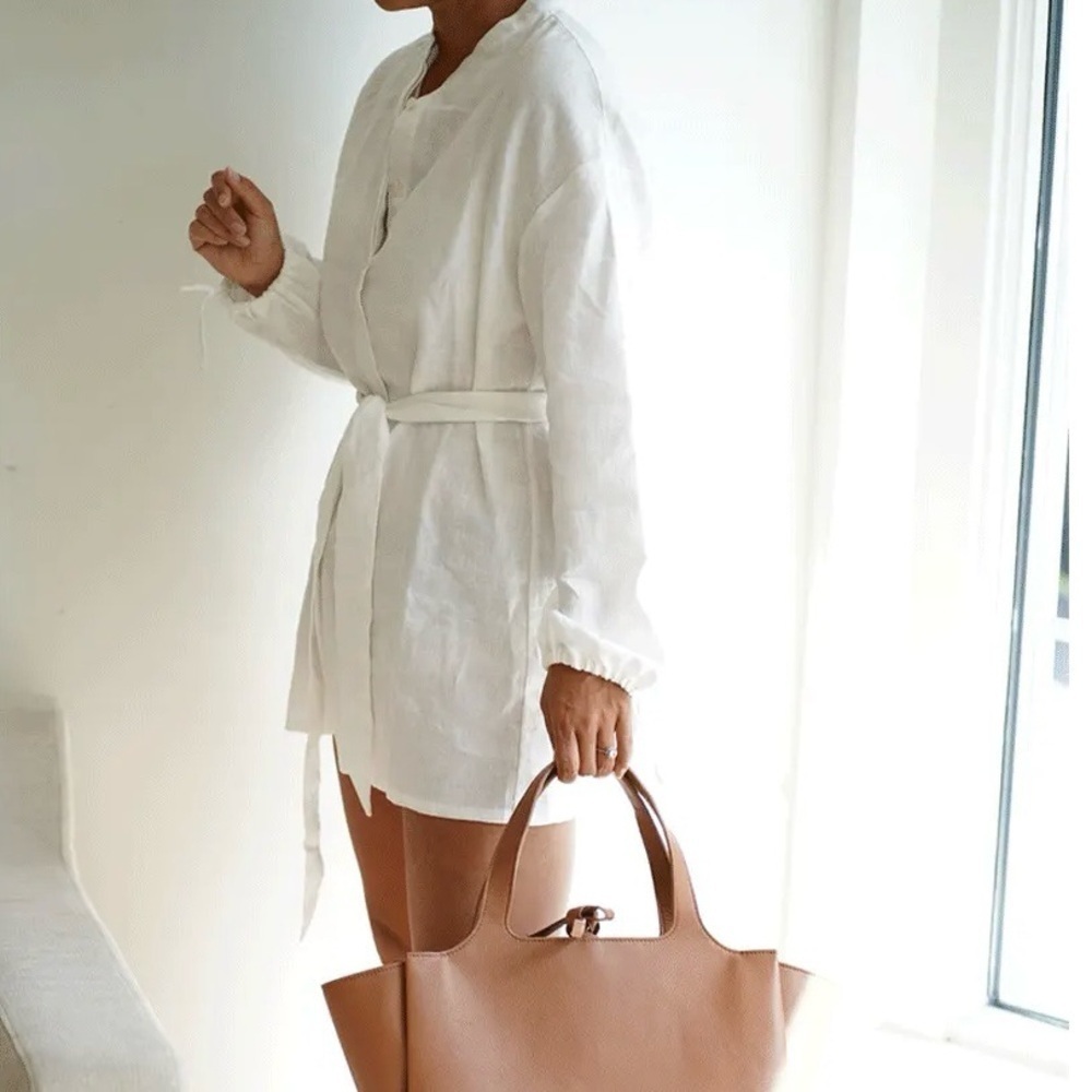 CULTIVER 100% Linen Cristi Long Sleeve Tunic Button Down Shirt w/ Belt White XS - Picture 5 of 15